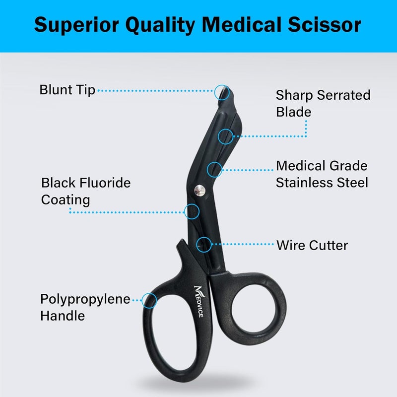 medvice 2 Pack Medical Scissors, EMT and Trauma Shears - 7.5 inch, Blunt Tip, Fluoride Coated, Non-Stick Blades, Autoclavable to 290 F/143 C, Rust Free (Black) - Image 3